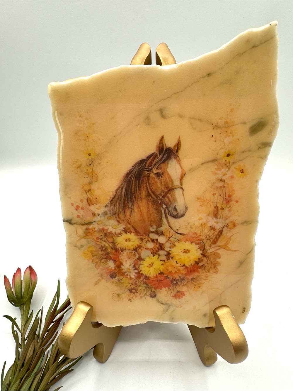 Vintage Horse Decoupage on Marble Stone.